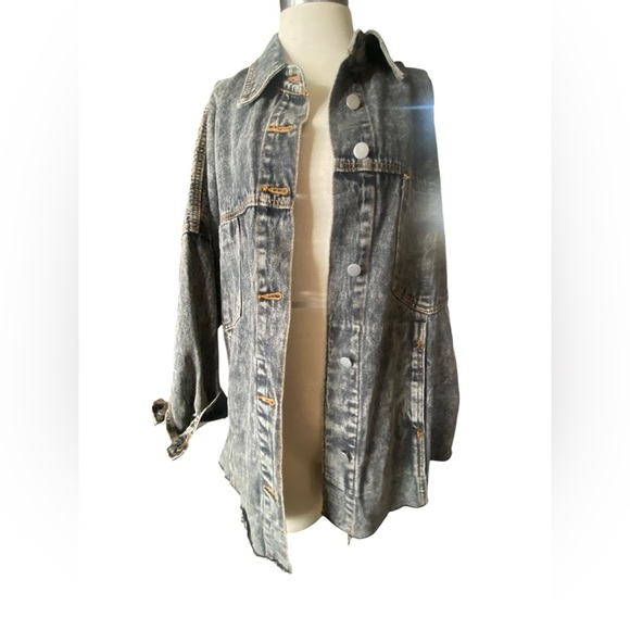 Acid Wash Y2k Blk Slub Boxy Oversized Denim Jean Raw Hem Jacket 100 Cotton L/XL - Picture 1 of 10